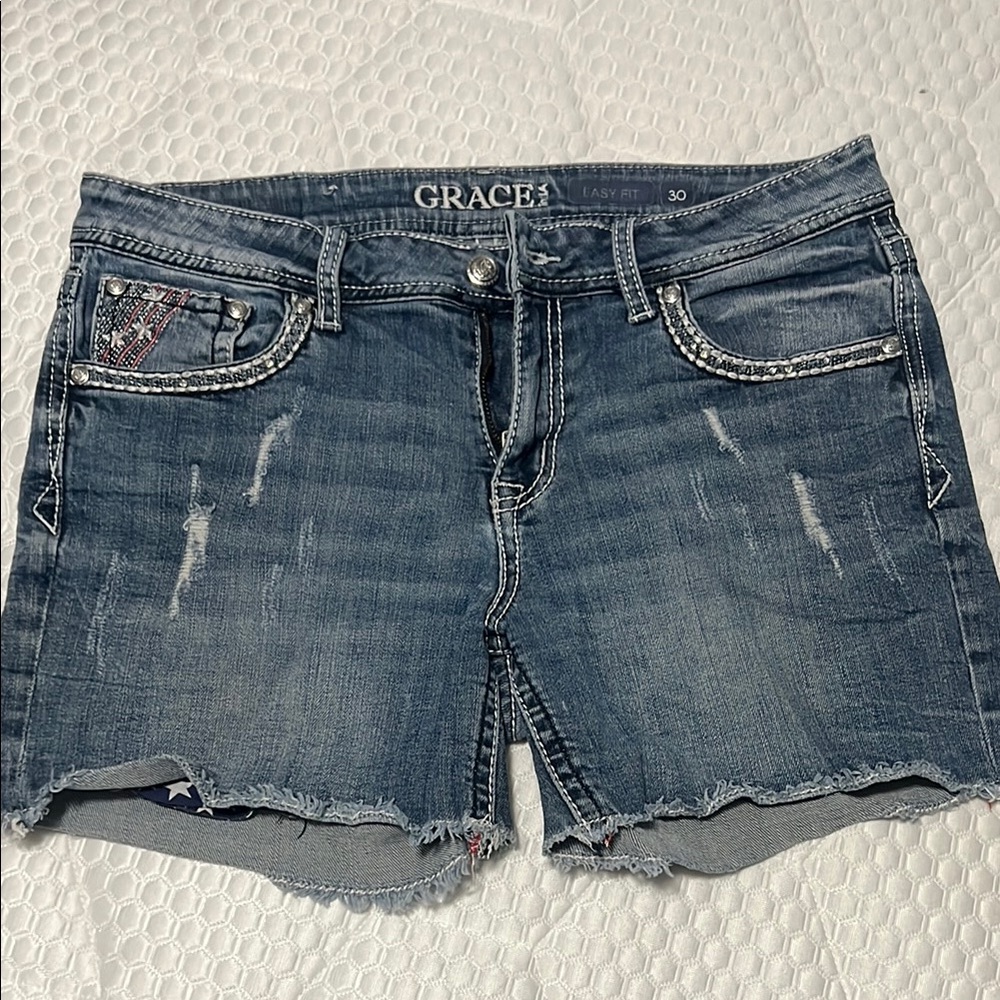 Grace Blue Distressed Jean Shorts